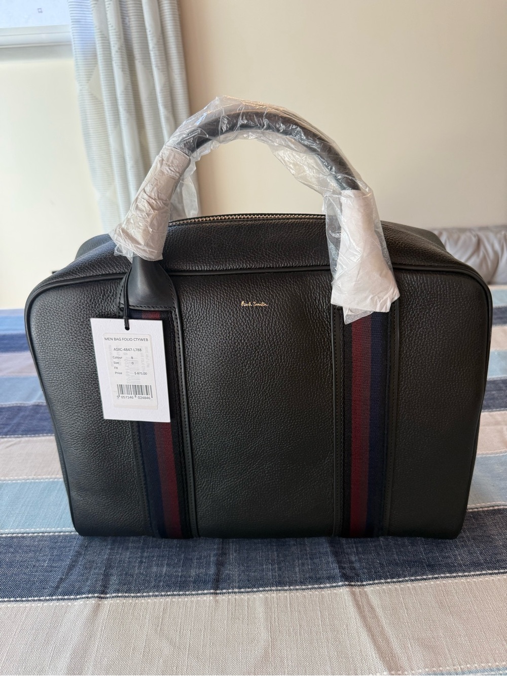 Paul Smith Black Leather Men's Carry-All with Navy and Burgundy Stripe